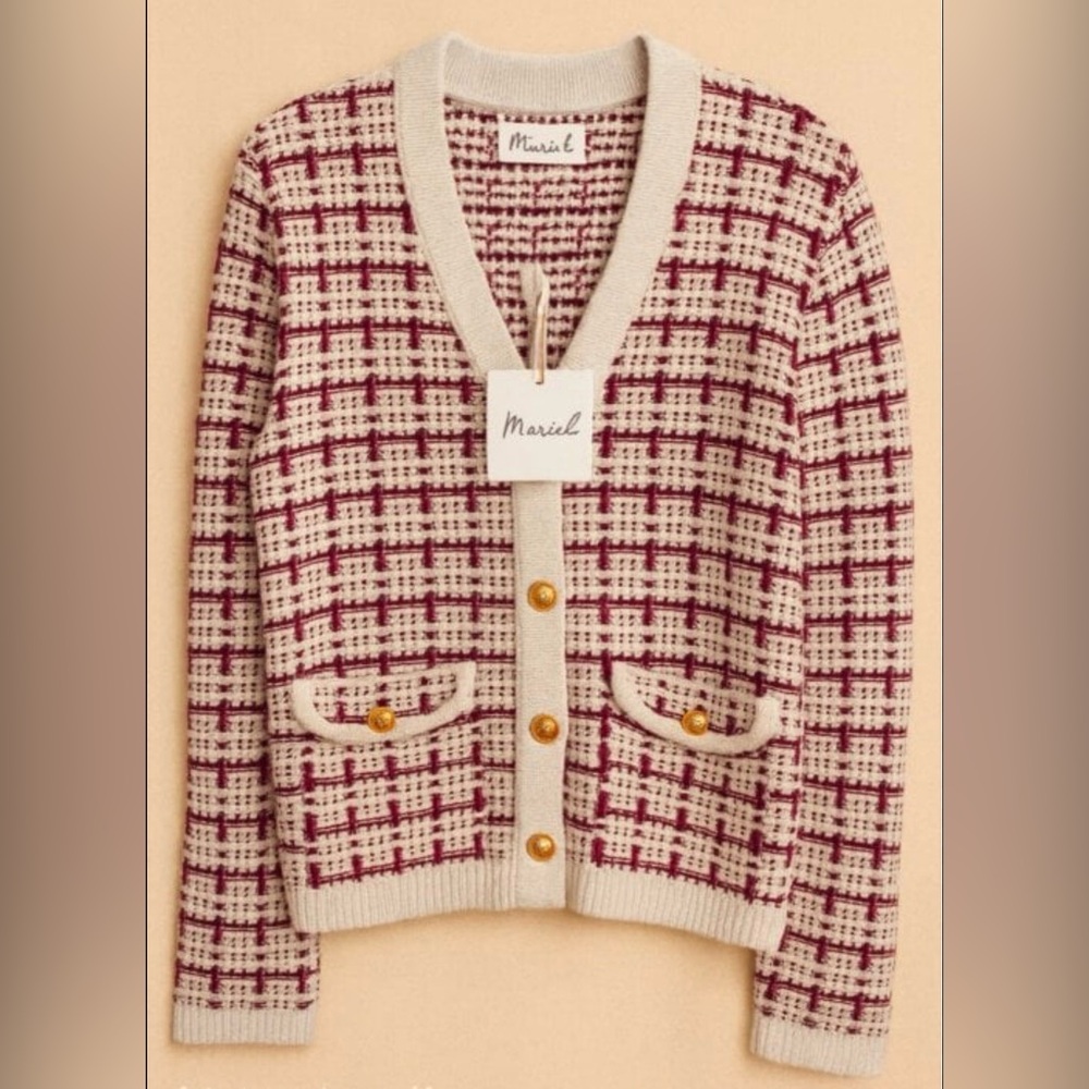 Marled Tweed Style Knit Women's Cream and Red Cardigan - Picture 2 of 8